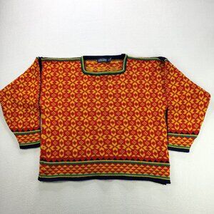Vintage Lands End Sweater Womens M Wool Geometric Nordic Knit Norway Boxy Fit